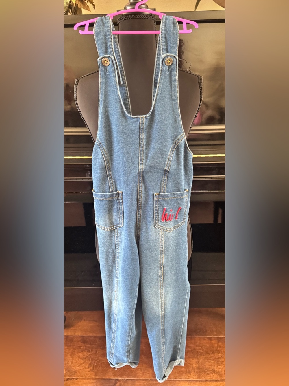 Kids Casual Denim Overalls with Embroidered 'hi!' Pocket